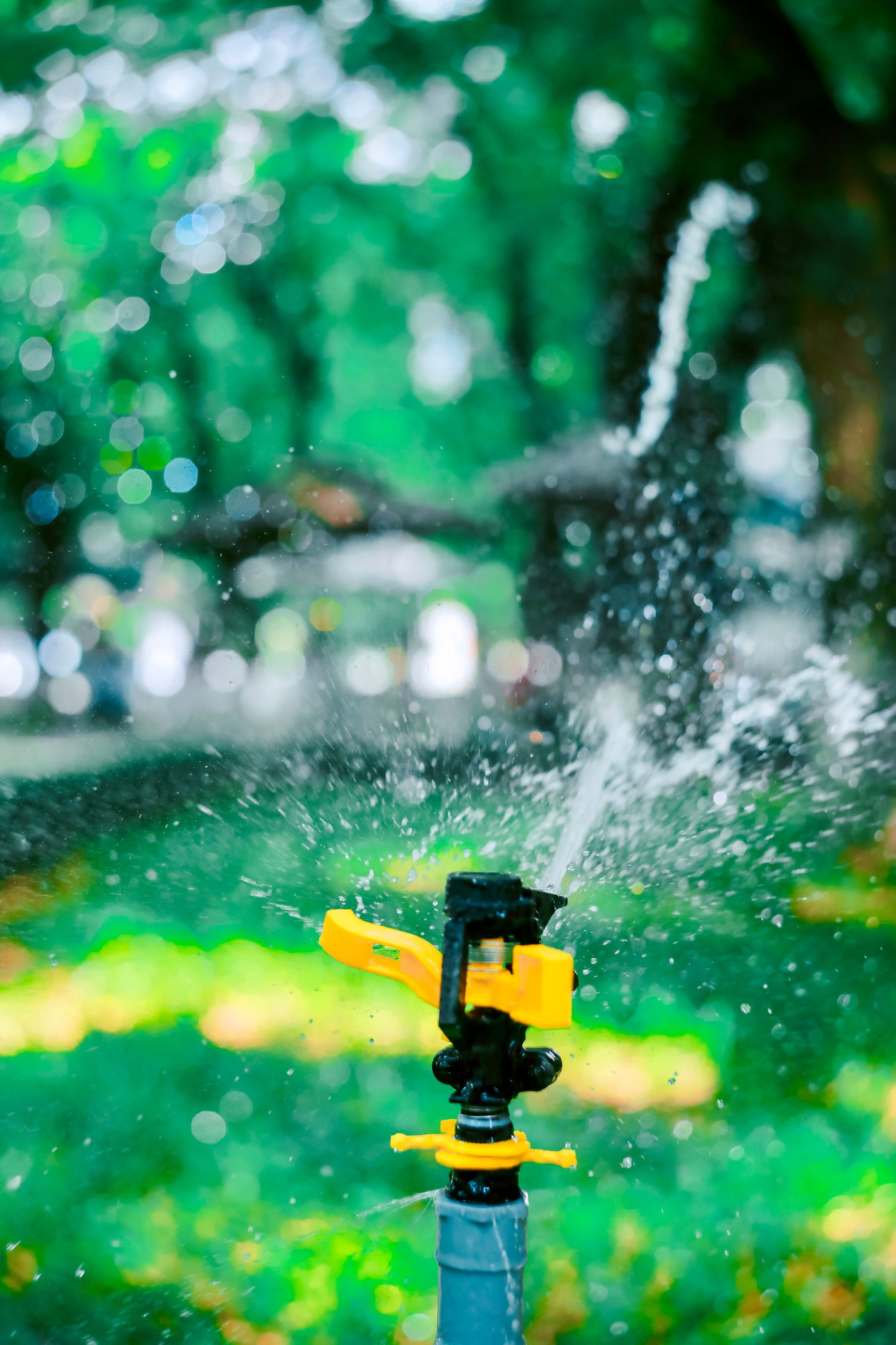 Close-up of an active water sprinkler creating a refreshing scene in a lush green garden.